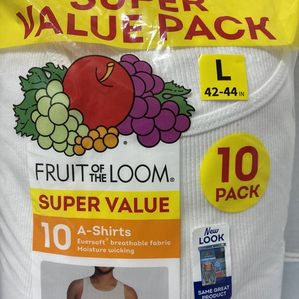 10 A-Shirts Fruit of the Loom White Ribbed Stretch Fabric Men's Size L Tag Free